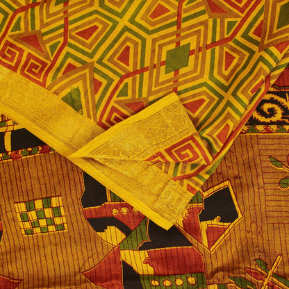 Sanskriti Vintage Sarees Yellow Pure Silk Geometric Print Zari Border 6+YD Sari