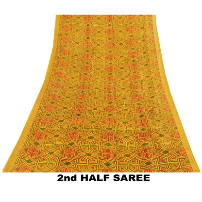 Sanskriti Vintage Sarees Yellow Pure Silk Geometric Print Zari Border 6+YD Sari