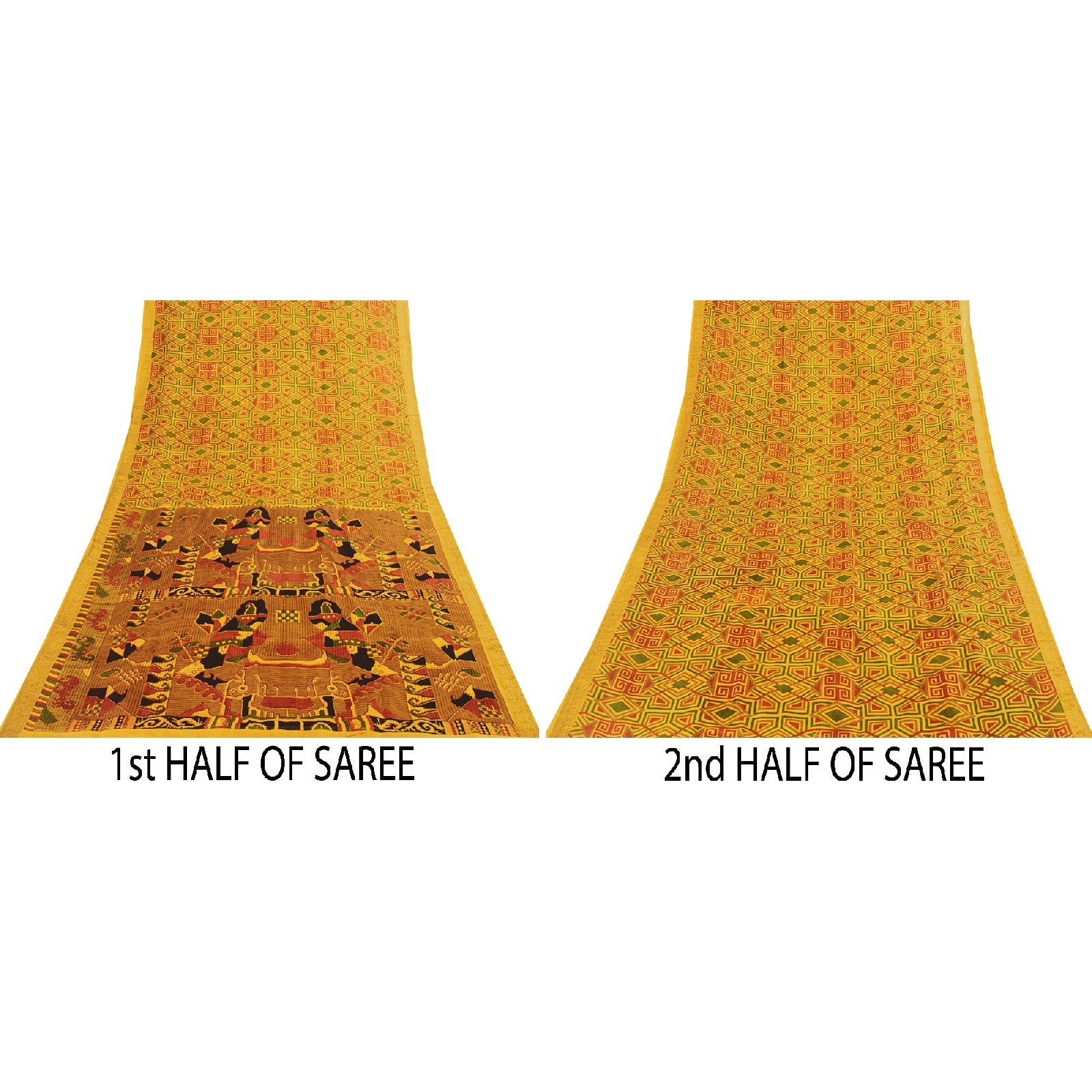 Sanskriti Vintage Sarees Yellow Pure Silk Geometric Print Zari Border 6+YD Sari