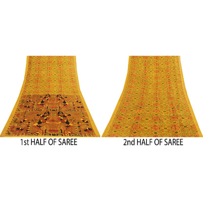 Sanskriti Vintage Sarees Yellow Pure Silk Geometric Print Zari Border 6+YD Sari