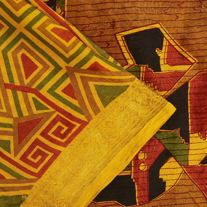 Sanskriti Vintage Sarees Yellow Pure Silk Geometric Print Zari Border 6+YD Sari