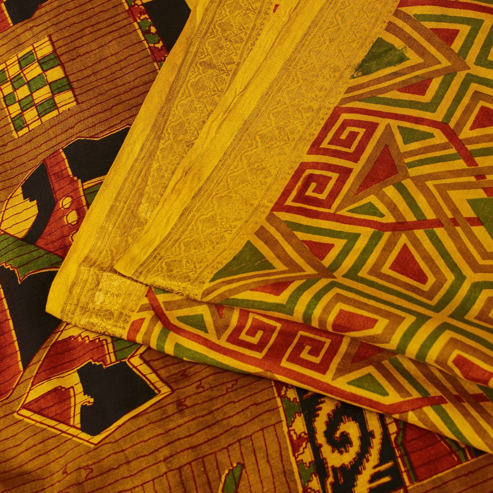 Sanskriti Vintage Sarees Yellow Pure Silk Geometric Print Zari Border 6+YD Sari