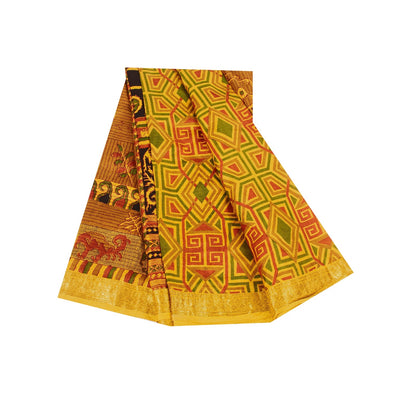 Sanskriti Vintage Sarees Yellow Pure Silk Geometric Print Zari Border 6+YD Sari