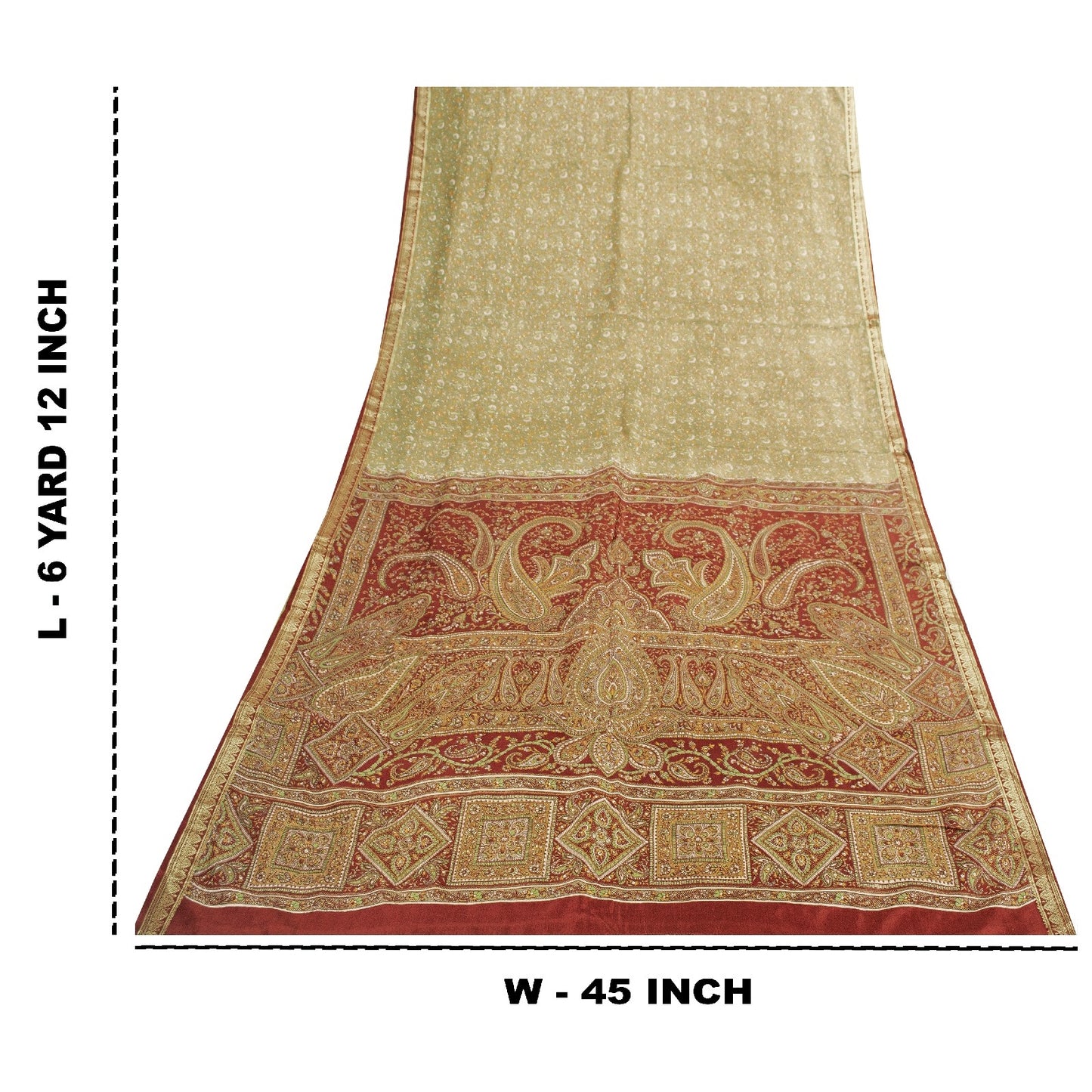 Sanskriti Vintage Sarees Olive Green Zari Border Pure Silk Paisley Print 6+yd