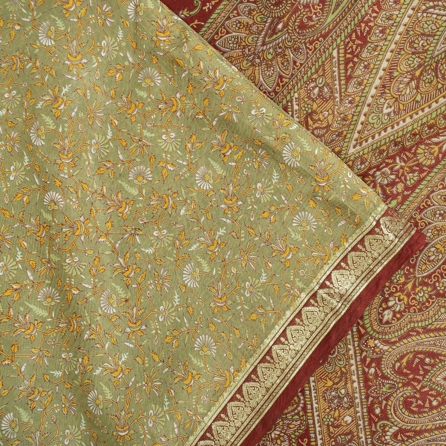 Sanskriti Vintage Sarees Olive Green Zari Border Pure Silk Paisley Print 6+yd