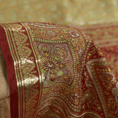 Sanskriti Vintage Sarees Olive Green Zari Border Pure Silk Paisley Print 6+yd