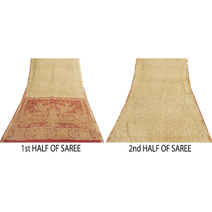 Sanskriti Vintage Sarees Olive Green Zari Border Pure Silk Paisley Print 6+yd