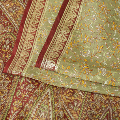 Sanskriti Vintage Sarees Olive Green Zari Border Pure Silk Paisley Print 6+yd