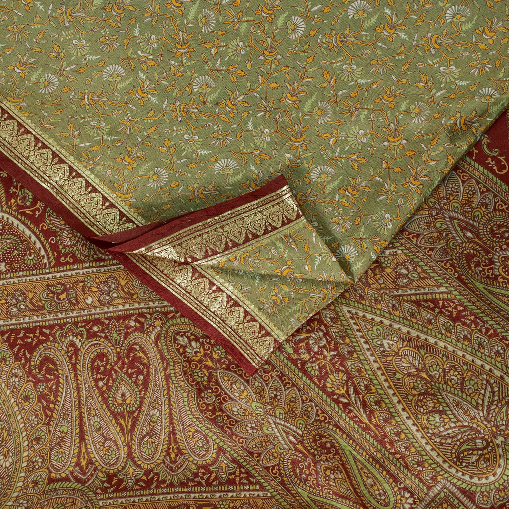Sanskriti Vintage Sarees Olive Green Zari Border Pure Silk Paisley Print 6+yd