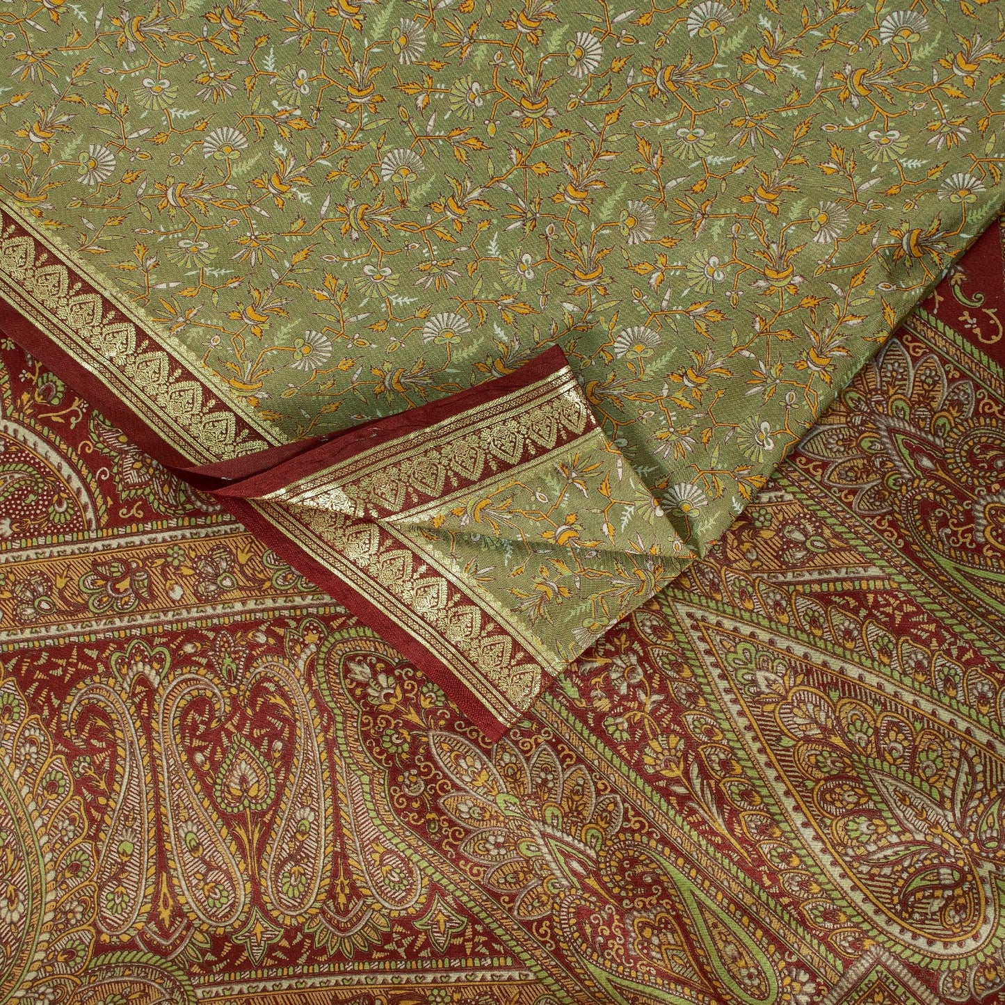 Sanskriti Vintage Sarees Olive Green Zari Border Pure Silk Paisley Print 6+yd