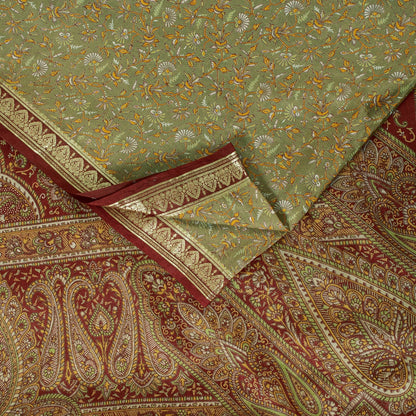 Sanskriti Vintage Sarees Olive Green Zari Border Pure Silk Paisley Print 6+yd
