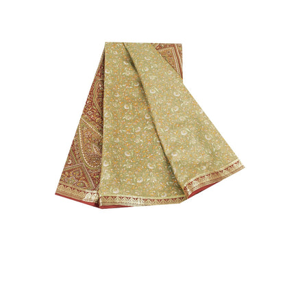 Sanskriti Vintage Sarees Olive Green Zari Border Pure Silk Paisley Print 6+yd