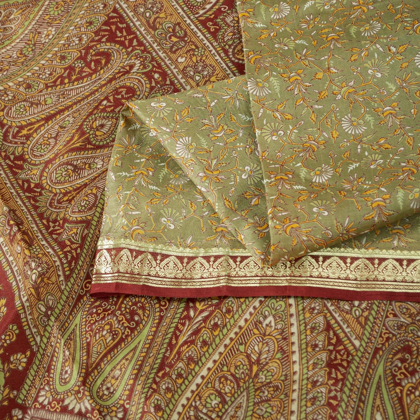 Sanskriti Vintage Sarees Olive Green Zari Border Pure Silk Paisley Print 6+yd