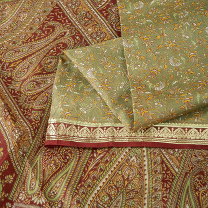 Sanskriti Vintage Sarees Olive Green Zari Border Pure Silk Paisley Print 6+yd