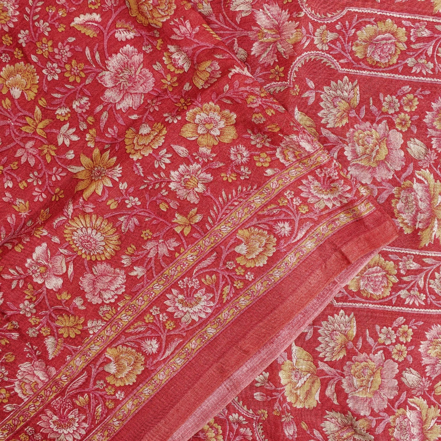 Sanskriti Vintage Sarees Pink Pure Silk Floral Printed 5+YD Fabric For Crafters