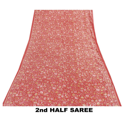 Sanskriti Vintage Sarees Pink Pure Silk Floral Printed 5+YD Fabric For Crafters