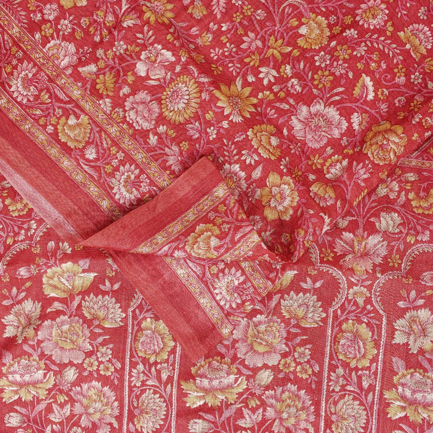 Sanskriti Vintage Sarees Pink Pure Silk Floral Printed 5+YD Fabric For Crafters