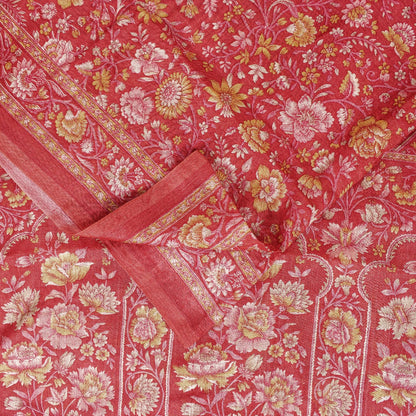 Sanskriti Vintage Sarees Pink Pure Silk Floral Printed 5+YD Fabric For Crafters