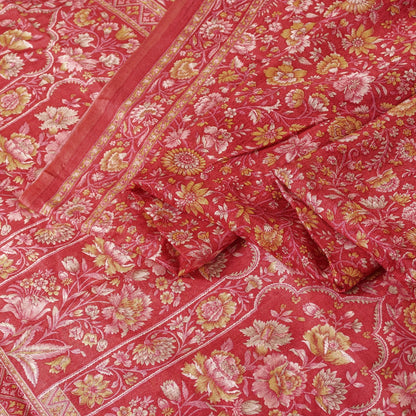 Sanskriti Vintage Sarees Pink Pure Silk Floral Printed 5+YD Fabric For Crafters