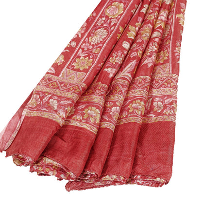 Sanskriti Vintage Sarees Pink Pure Silk Floral Printed 5+YD Fabric For Crafters