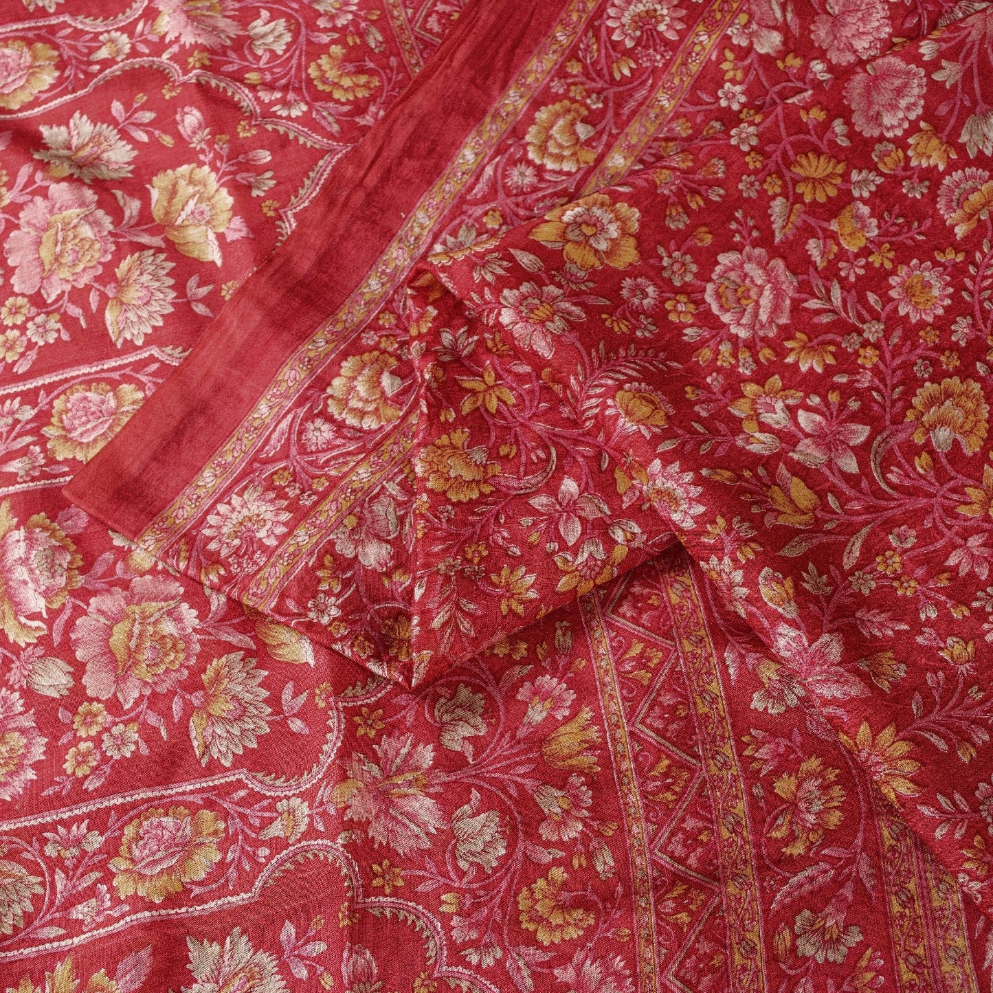 Sanskriti Vintage Sarees Pink Pure Silk Floral Printed 5+YD Fabric For Crafters