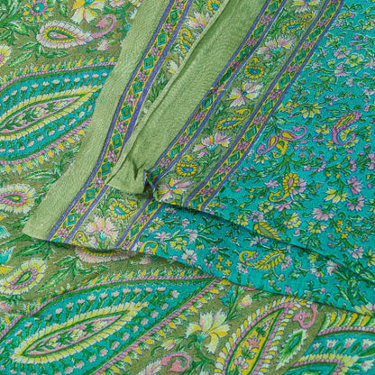 Sanskriti Vintage Sarees Blue Pure Silk Floral Print 6+yd Sari For Craft Supplie