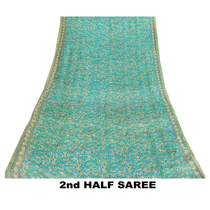 Sanskriti Vintage Sarees Blue Pure Silk Floral Print 6+yd Sari For Craft Supplie
