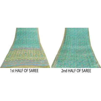 Sanskriti Vintage Sarees Blue Pure Silk Floral Print 6+yd Sari For Craft Supplie