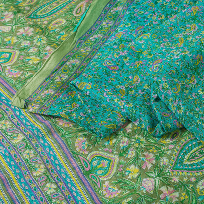 Sanskriti Vintage Sarees Blue Pure Silk Floral Print 6+yd Sari For Craft Supplie