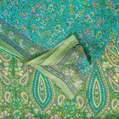 Sanskriti Vintage Sarees Blue Pure Silk Floral Print 6+yd Sari For Craft Supplie