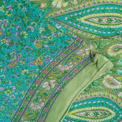 Sanskriti Vintage Sarees Blue Pure Silk Floral Print 6+yd Sari For Craft Supplie