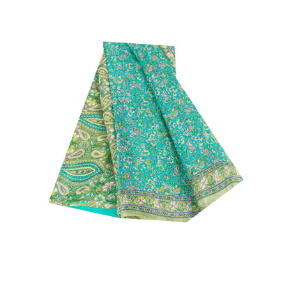 Sanskriti Vintage Sarees Blue Pure Silk Floral Print 6+yd Sari For Craft Supplie