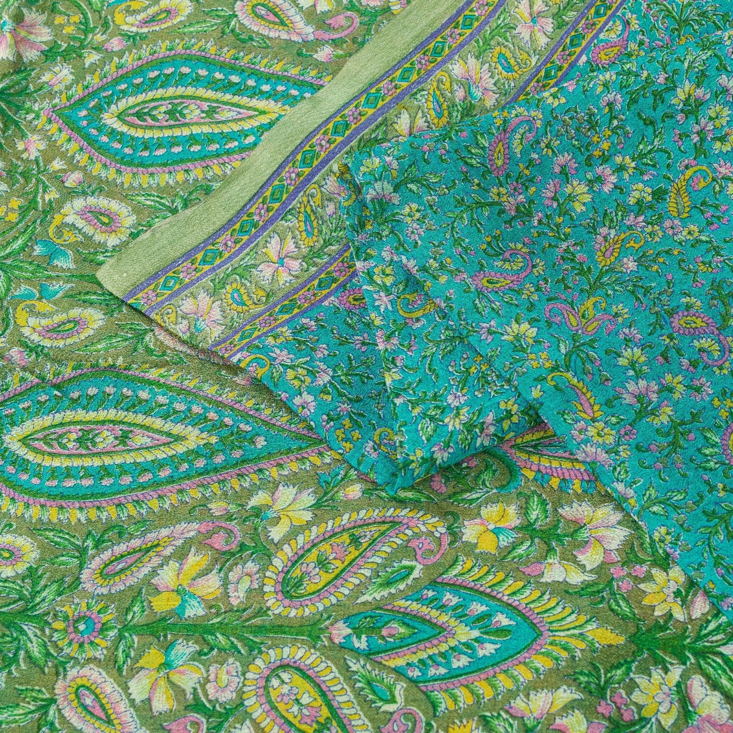 Sanskriti Vintage Sarees Blue Pure Silk Floral Print 6+yd Sari For Craft Supplie