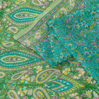 Sanskriti Vintage Sarees Blue Pure Silk Floral Print 6+yd Sari For Craft Supplie