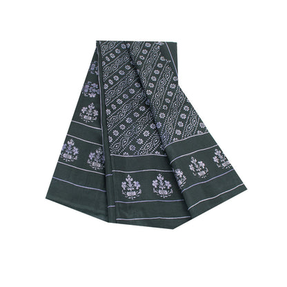 Sanskriti Vintage Sarees Black Pure Silk Floral Hand Block Printed 6+yd Sari