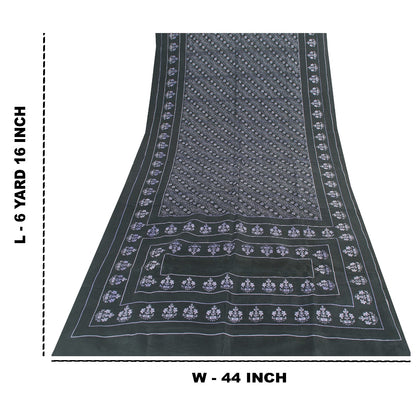Sanskriti Vintage Sarees Black Pure Silk Floral Hand Block Printed 6+yd Sari