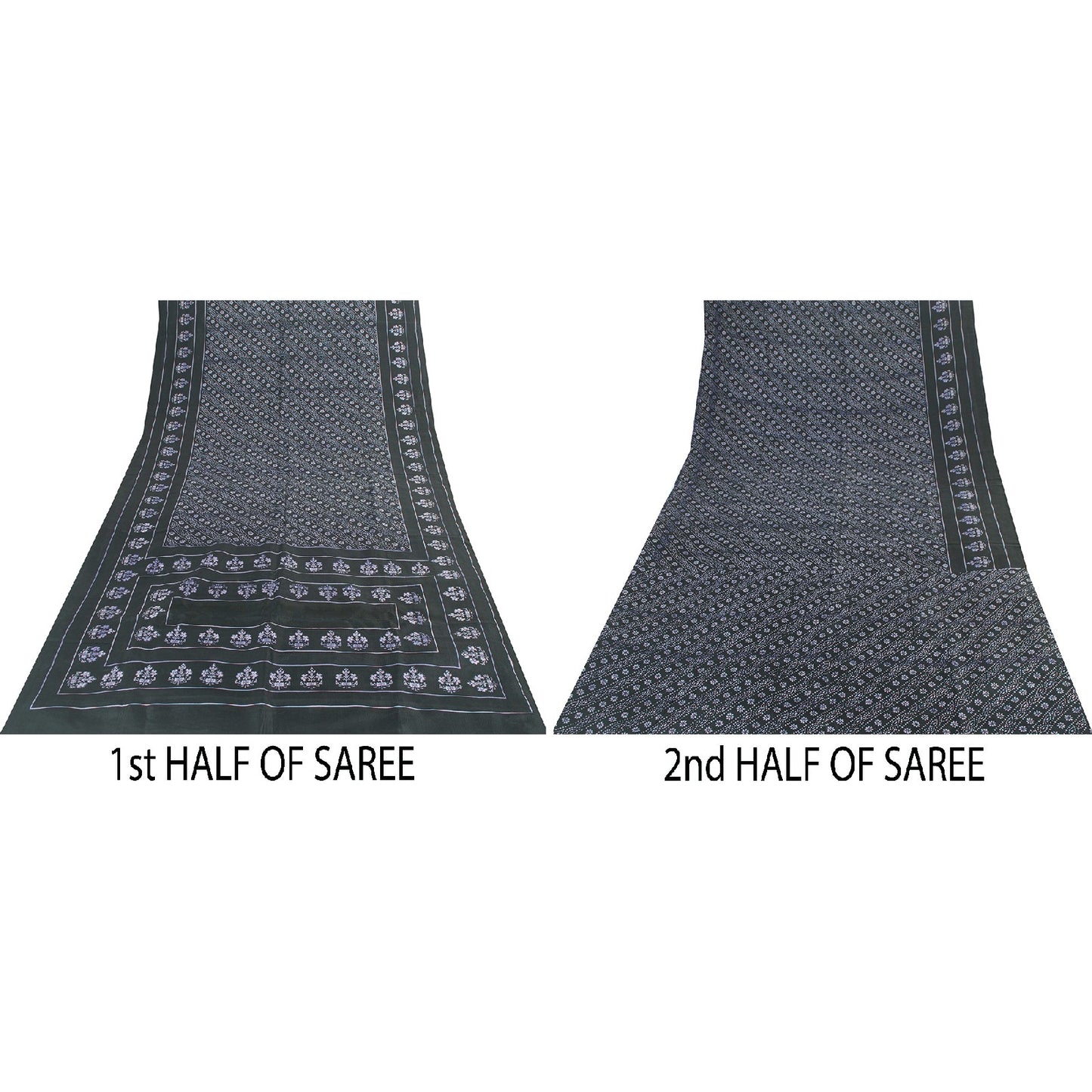 Sanskriti Vintage Sarees Black Pure Silk Floral Hand Block Printed 6+yd Sari