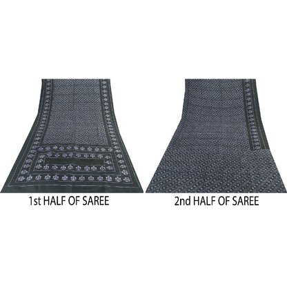 Sanskriti Vintage Sarees Black Pure Silk Floral Hand Block Printed 6+yd Sari