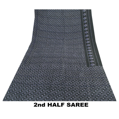 Sanskriti Vintage Sarees Black Pure Silk Floral Hand Block Printed 6+yd Sari