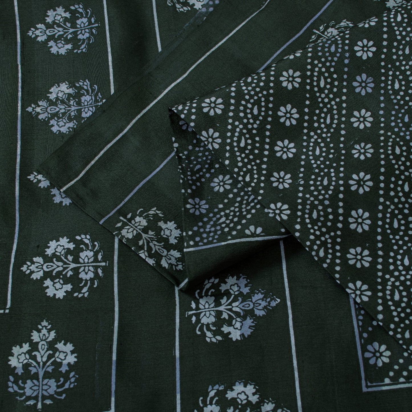 Sanskriti Vintage Sarees Black Pure Silk Floral Hand Block Printed 6+yd Sari