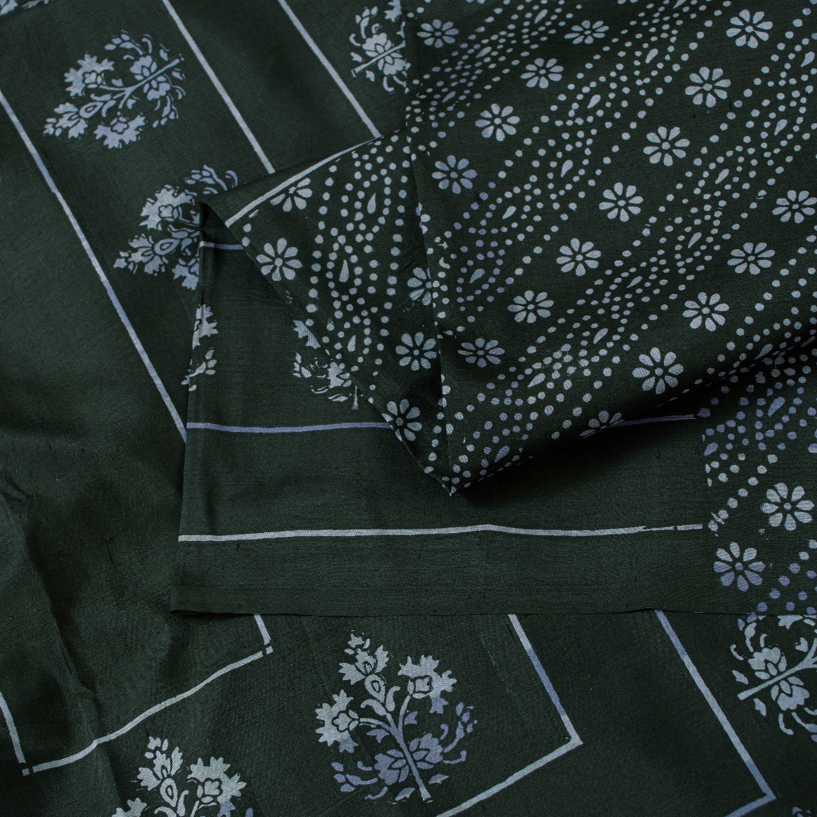 Sanskriti Vintage Saree Dark Green 100% Pure Silk Saree Floral Hand Block Printed 6+Yd Decor Sari Boho Quilting Material For DIY Projects