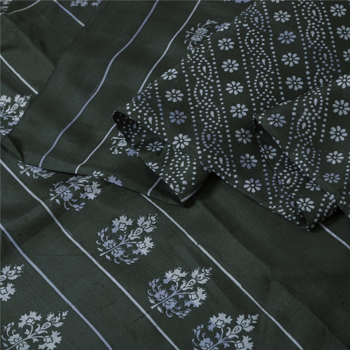 Sanskriti Vintage Sarees Black Pure Silk Floral Hand Block Printed 6+yd Sari