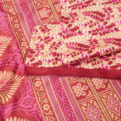 Sanskriti Vintage Saree Red & Ivory 100% Pure Silk Saree Floral Printed 6.5+Yd Fabric Sari Pre-Owned Indian Upcycled, Recycled, Sewing