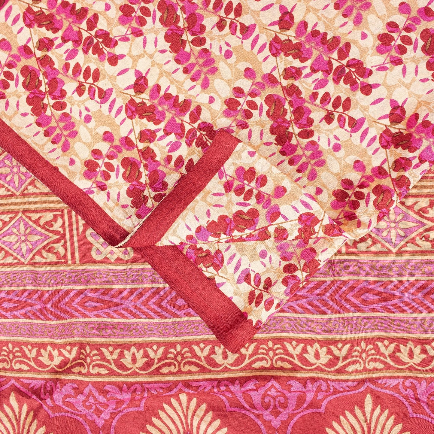 Sanskriti Vintage Saree Red & Ivory 100% Pure Silk Saree Floral Printed 6.5+Yd Fabric Sari Pre-Owned Indian Upcycled, Recycled, Sewing