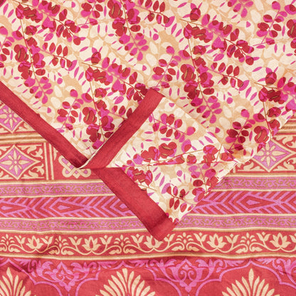 Sanskriti Vintage Saree Red & Ivory 100% Pure Silk Saree Floral Printed 6.5+Yd Fabric Sari Pre-Owned Indian Upcycled, Recycled, Sewing