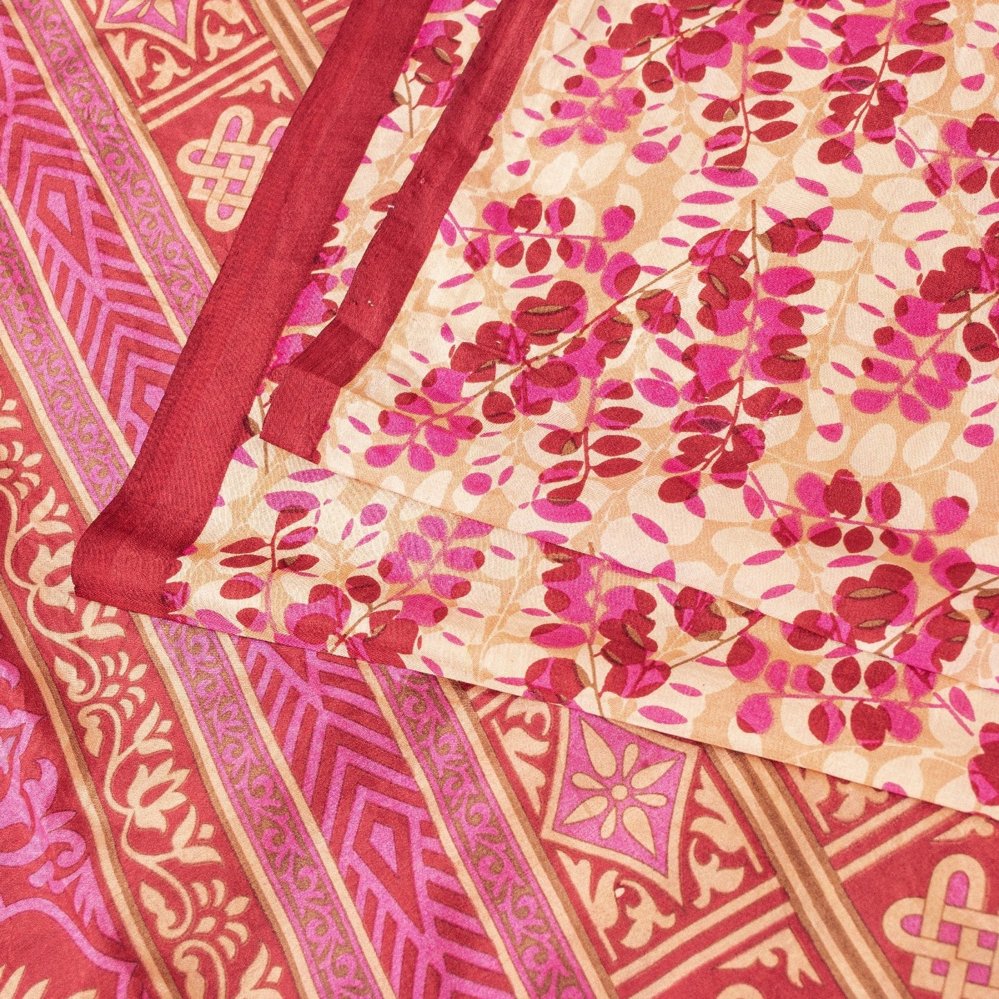 Sanskriti Vintage Saree Red & Ivory 100% Pure Silk Saree Floral Printed 6.5+Yd Fabric Sari Pre-Owned Indian Upcycled, Recycled, Sewing