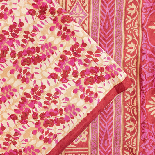 Sanskriti Vintage Sarees Ivory & Red Pure Silk Floral Printed 6+yd Fabric Sari