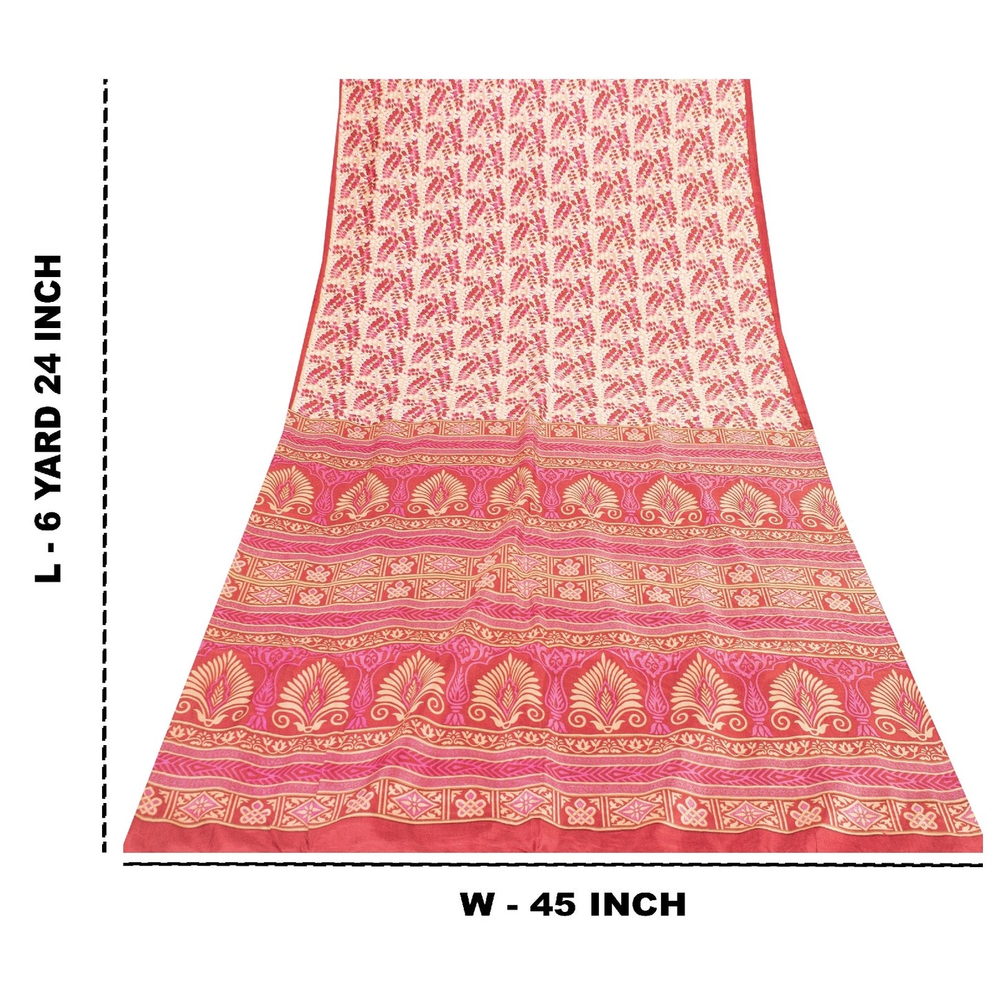Sanskriti Vintage Saree Red & Ivory 100% Pure Silk Saree Floral Printed 6.5+Yd Fabric Sari Pre-Owned Indian Upcycled, Recycled, Sewing