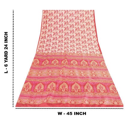 Sanskriti Vintage Saree Red & Ivory 100% Pure Silk Saree Floral Printed 6.5+Yd Fabric Sari Pre-Owned Indian Upcycled, Recycled, Sewing