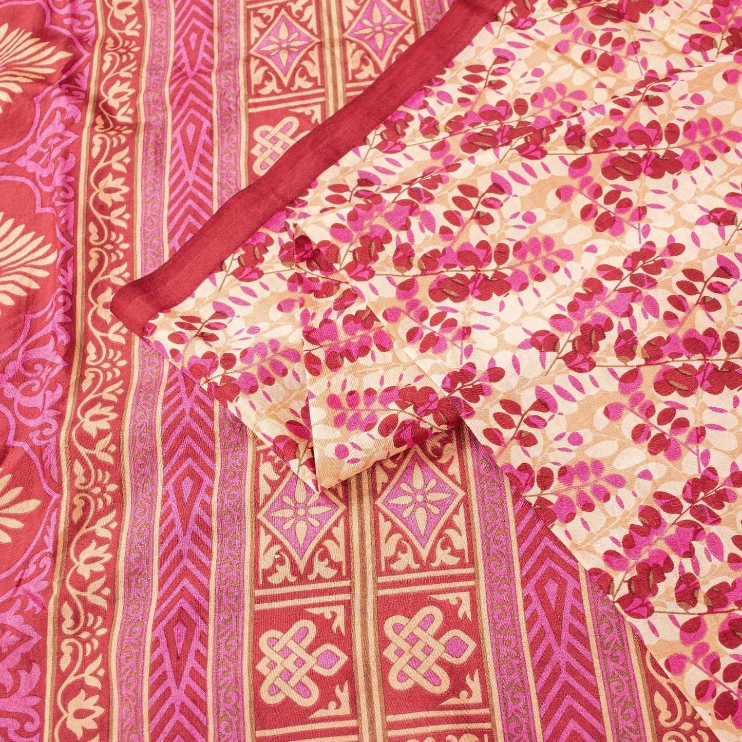 Sanskriti Vintage Saree Red & Ivory 100% Pure Silk Saree Floral Printed 6.5+Yd Fabric Sari Pre-Owned Indian Upcycled, Recycled, Sewing
